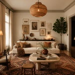 A living room where every idea in this guide plays out at once — floating furniture, layered lighting, gallery wall, statement rug, and personal objects — showing how each element compounds into a room that feels genuinely considered.