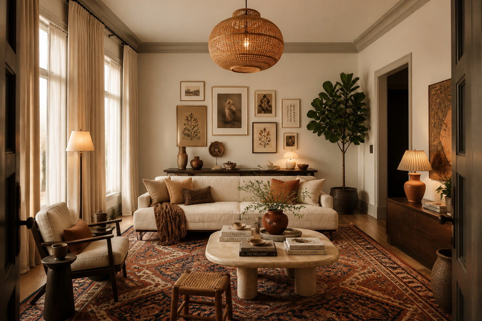 A living room where every idea in this guide plays out at once — floating furniture, layered lighting, gallery wall, statement rug, and personal objects — showing how each element compounds into a room that feels genuinely considered.