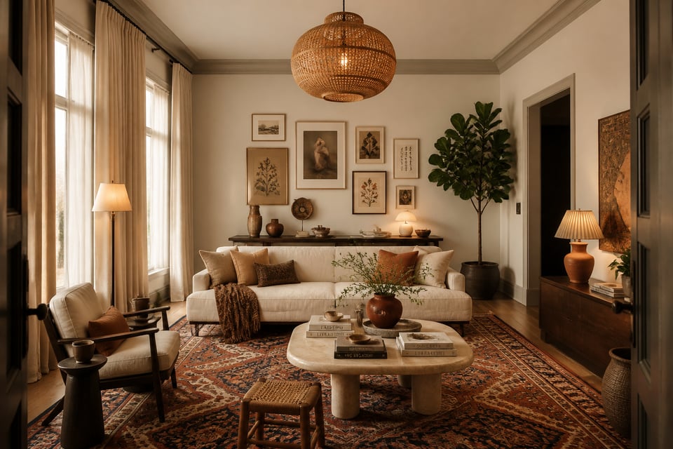 A living room where every idea in this guide plays out at once — floating furniture, layered lighting, gallery wall, statement rug, and personal objects — showing how each element compounds into a room that feels genuinely considered.