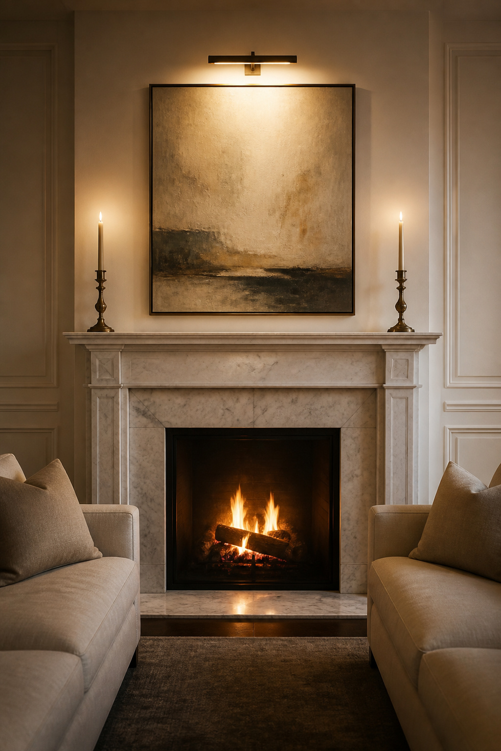 A fireplace positioned as the room's clear focal point, with symmetrical seating and a single oversized artwork making every design decision that follows easier.