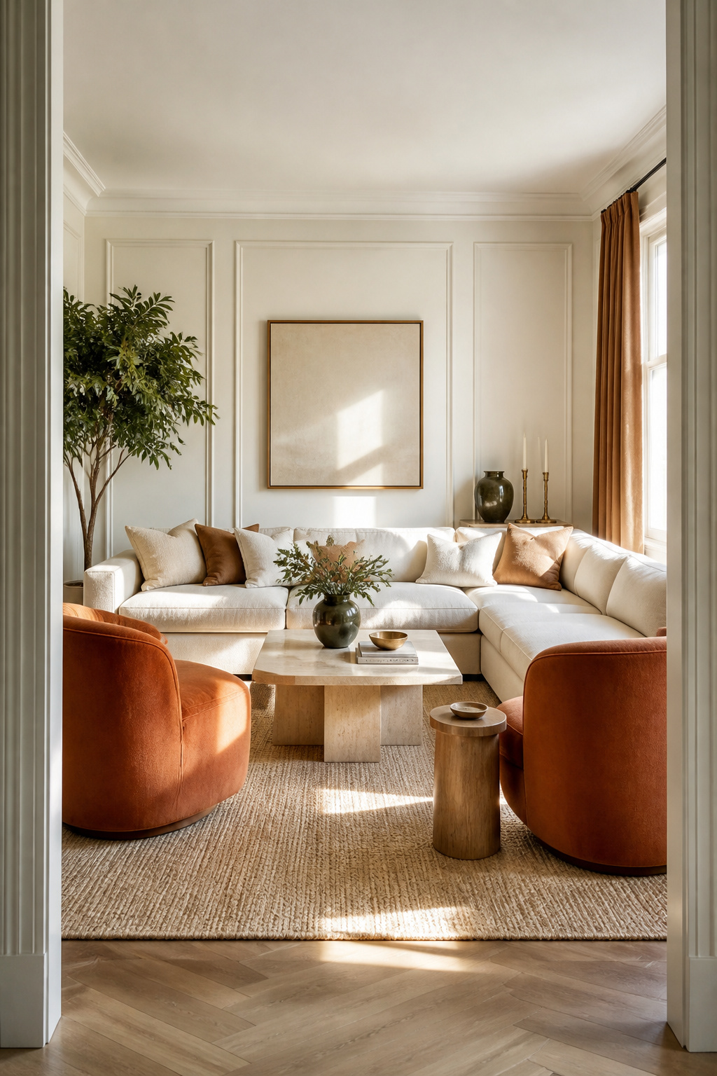 A living room showing the 60-30-10 colour rule in practice — off-white and cream as the dominant ground, terracotta as the secondary, and brass as the ten-percent accent that makes everything read with clarity.