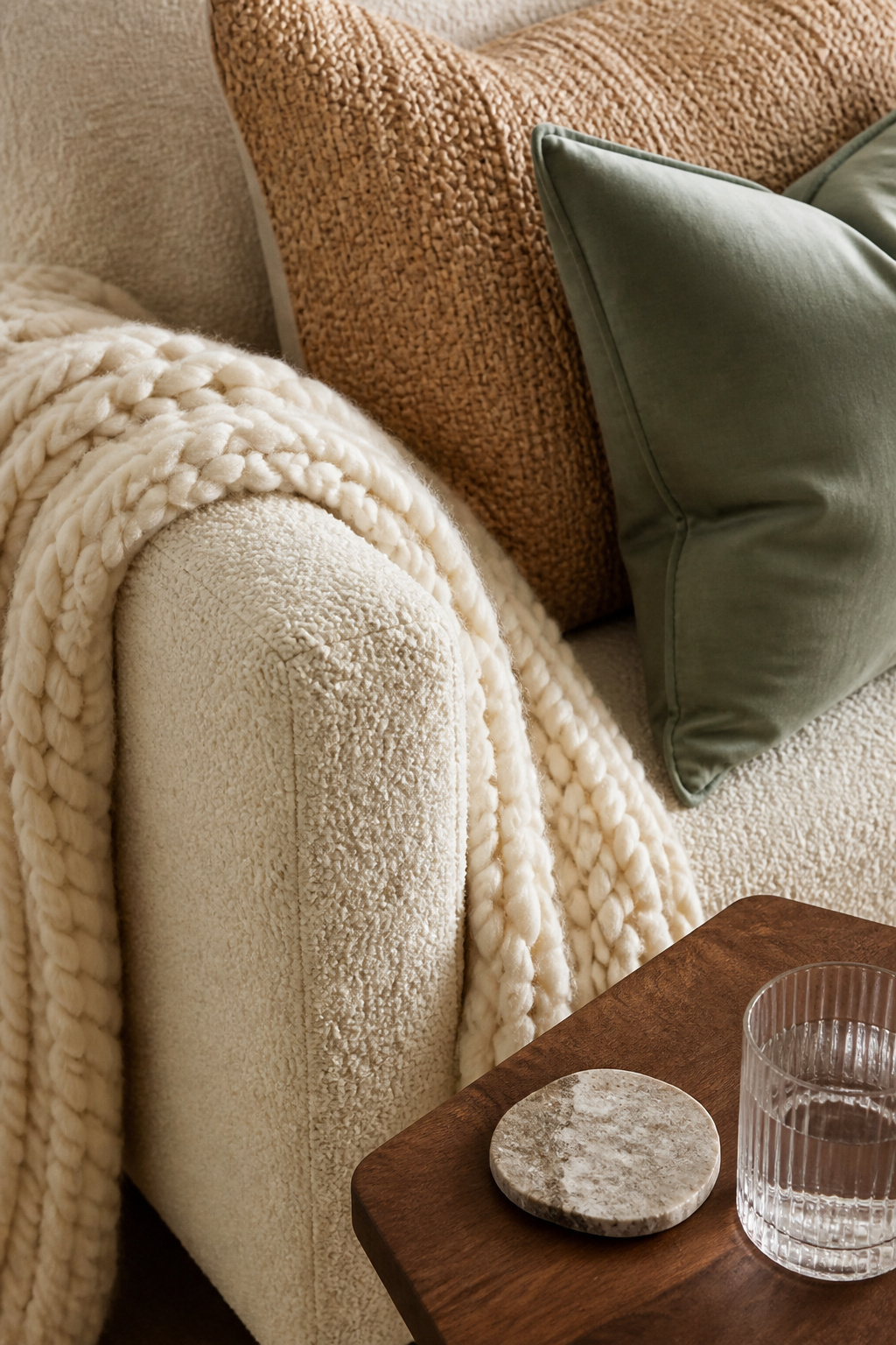 A sofa corner built on deliberate texture contrast — bouclé meets rattan meets silk — showing how varied surfaces create visual richness without adding visual noise.