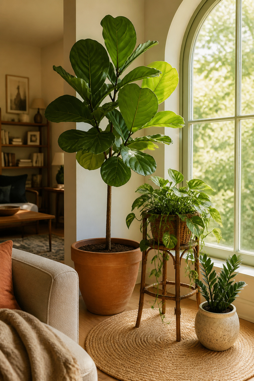 A three-plant, three-height biophilic corner styled to the ikebana principle — each vessel and plant chosen as much for the space around it as for the plant itself.