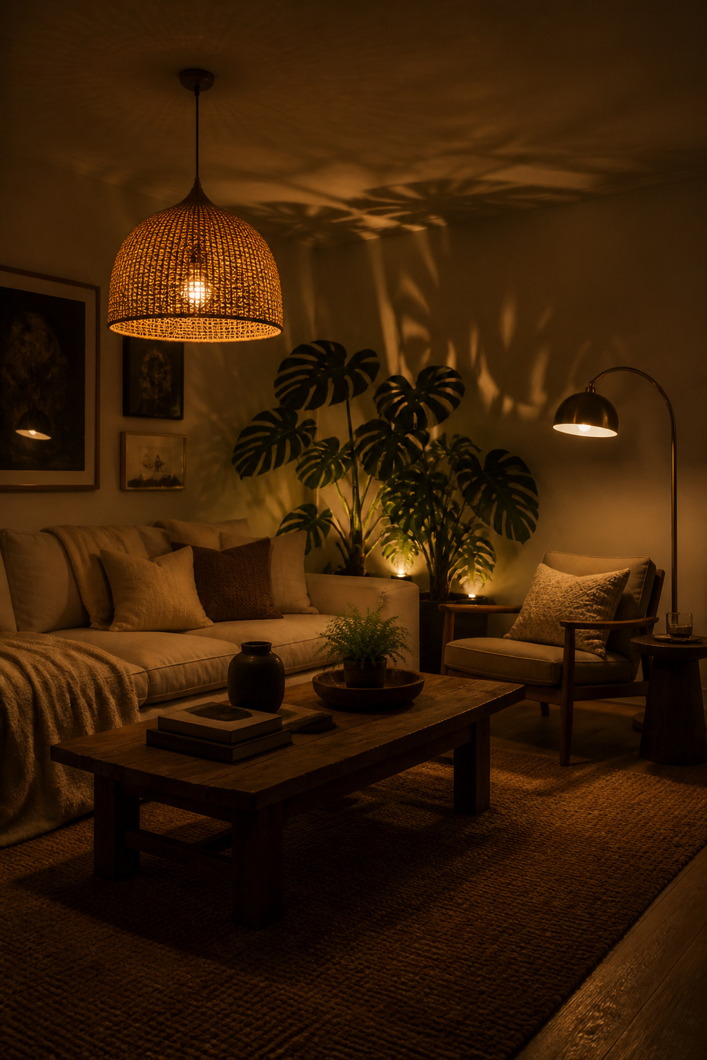 A living room at dusk with three light layers operating independently — ambient pendant, task floor lamp, accent up-light — creating depth and atmosphere that a single overhead fixture can never achieve.