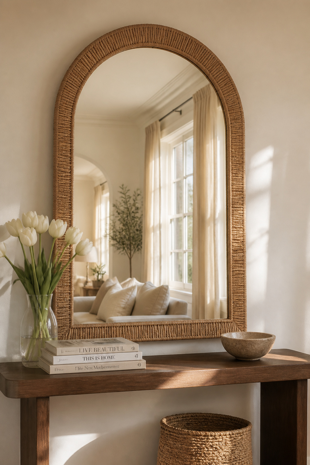 An arched rattan-framed mirror positioned opposite a window — doubling the light, adding organic sculptural interest, and making the room feel like it has another window entirely.