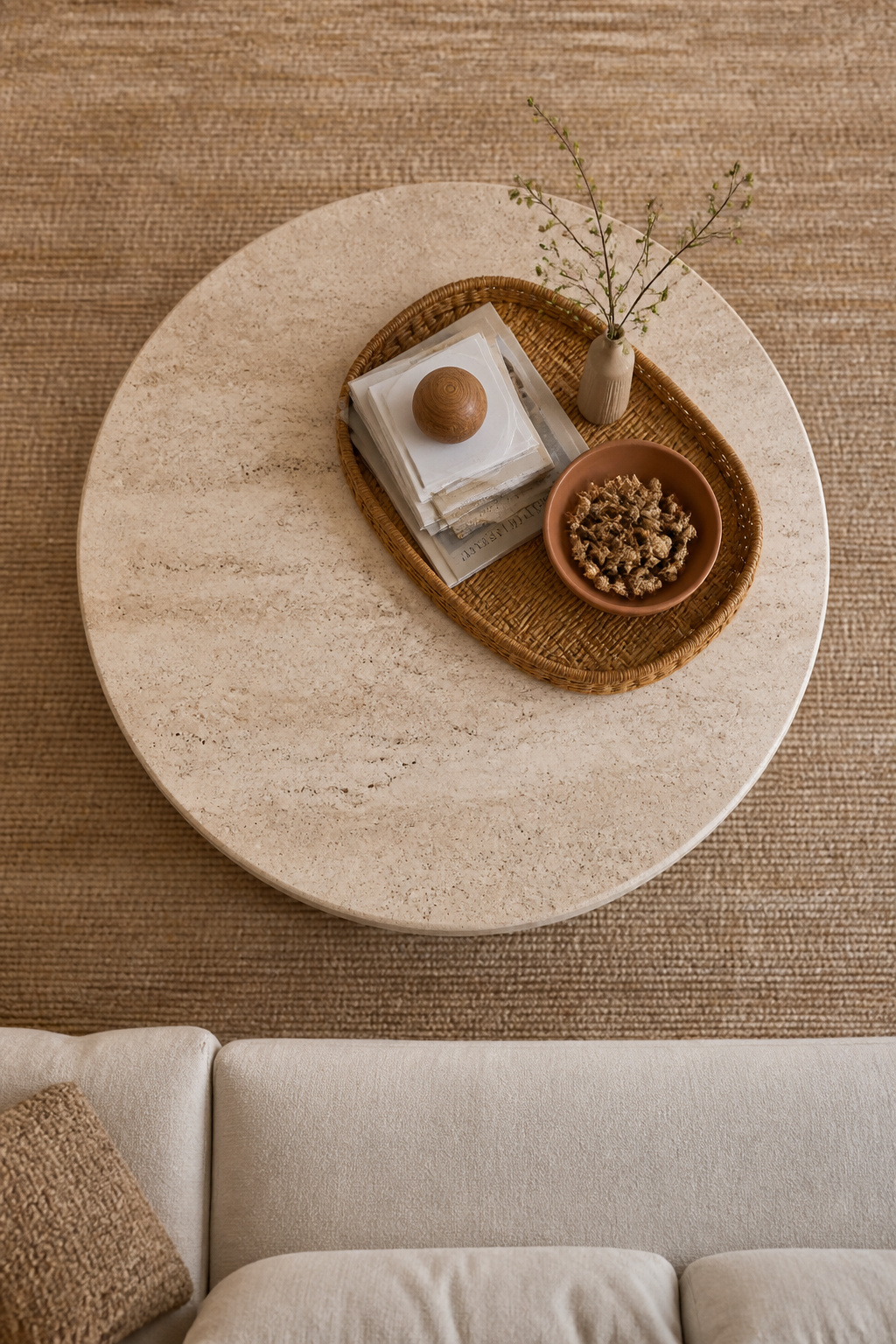 A coffee table styled on the four-element framework — height, platform, living, personal — with a rattan tray organizing the composition off-centre for a result that feels naturally placed, not staged.