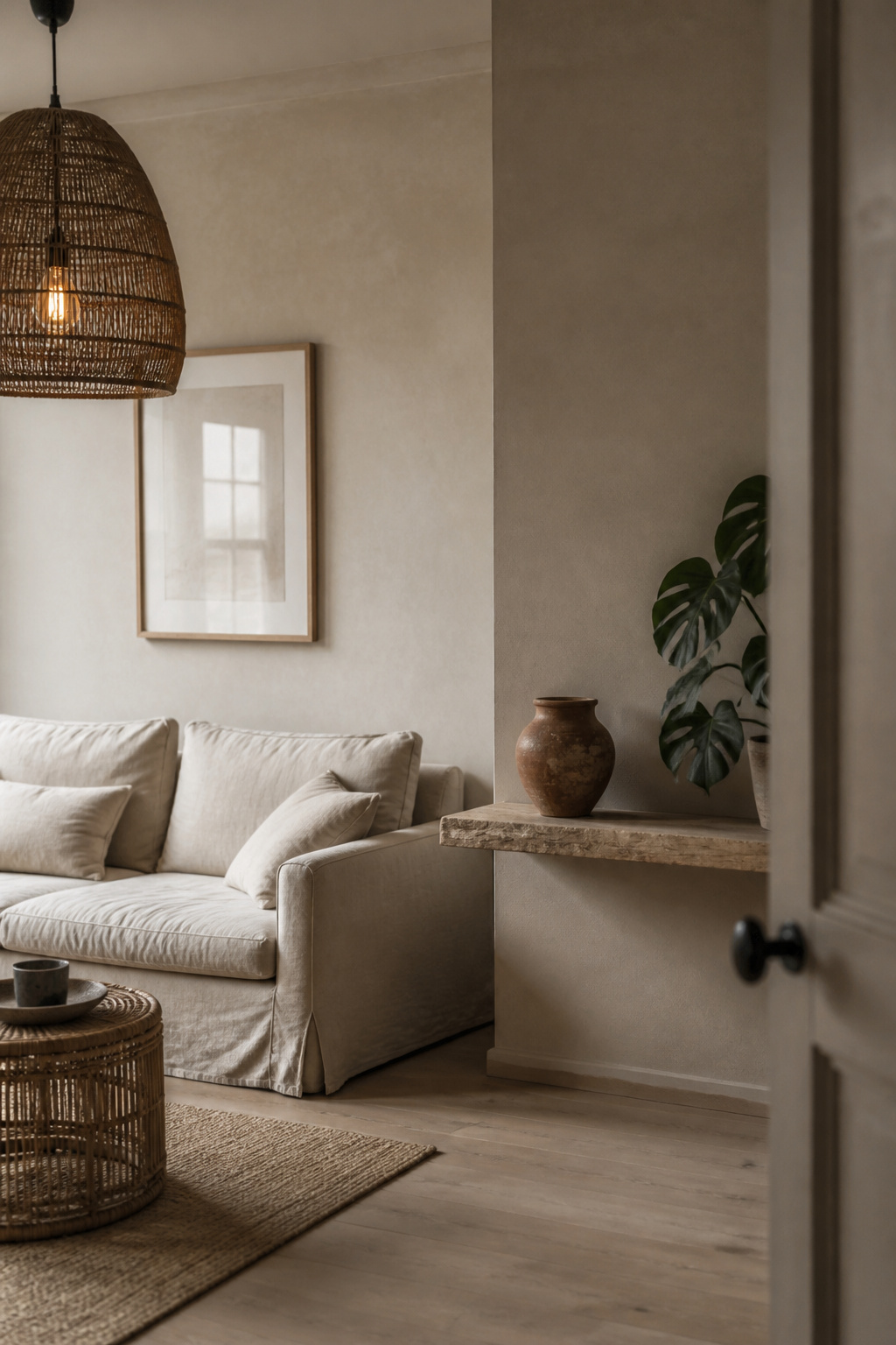 A wabi-sabi living room built on a warm greige foundation, where each object earns its place through texture and intentional restraint.