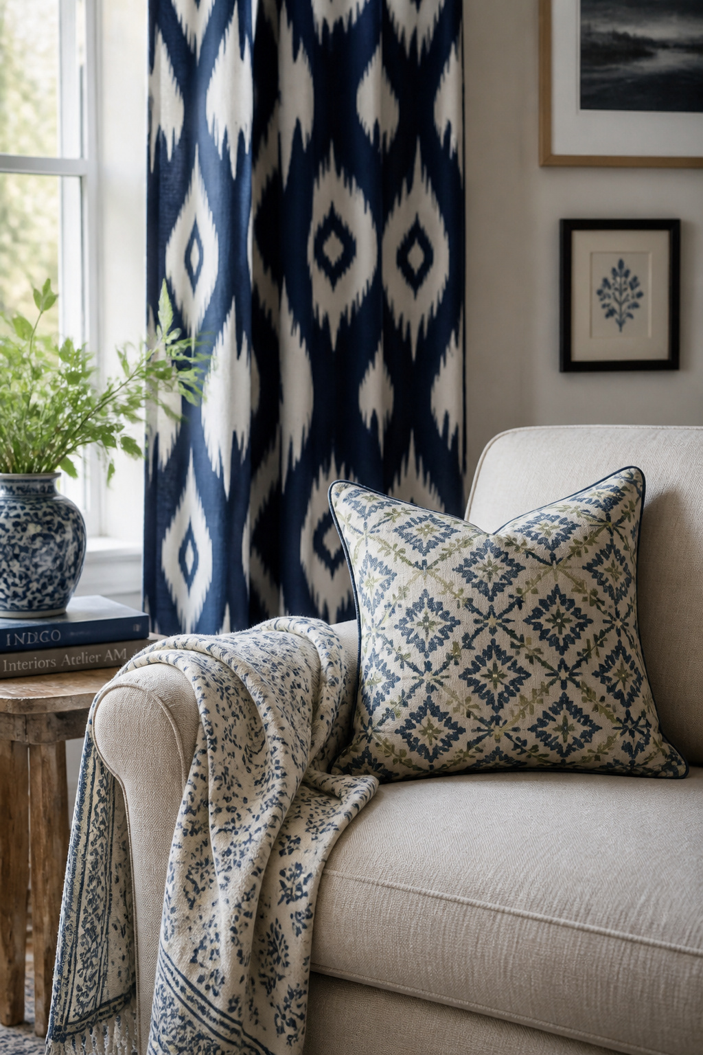 Three pattern scales in one palette — large ikat curtains, medium block-print cushion, small floral throw — showing how varied scales in the same colour family mix without creating visual noise.