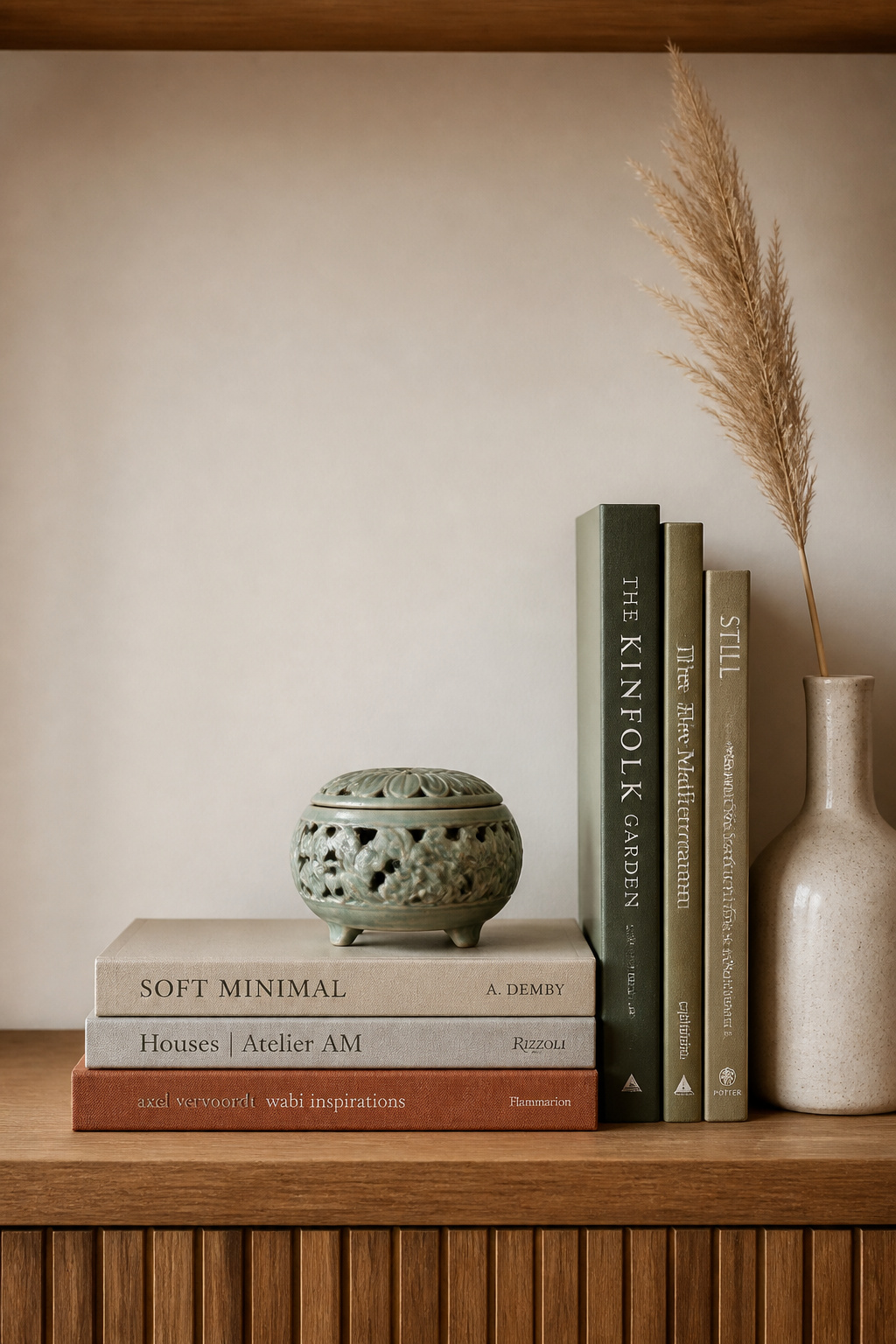 A shelf vignette built on the Japanese principle of ma — 70% objects, 30% negative space — where each element earns its visible position.