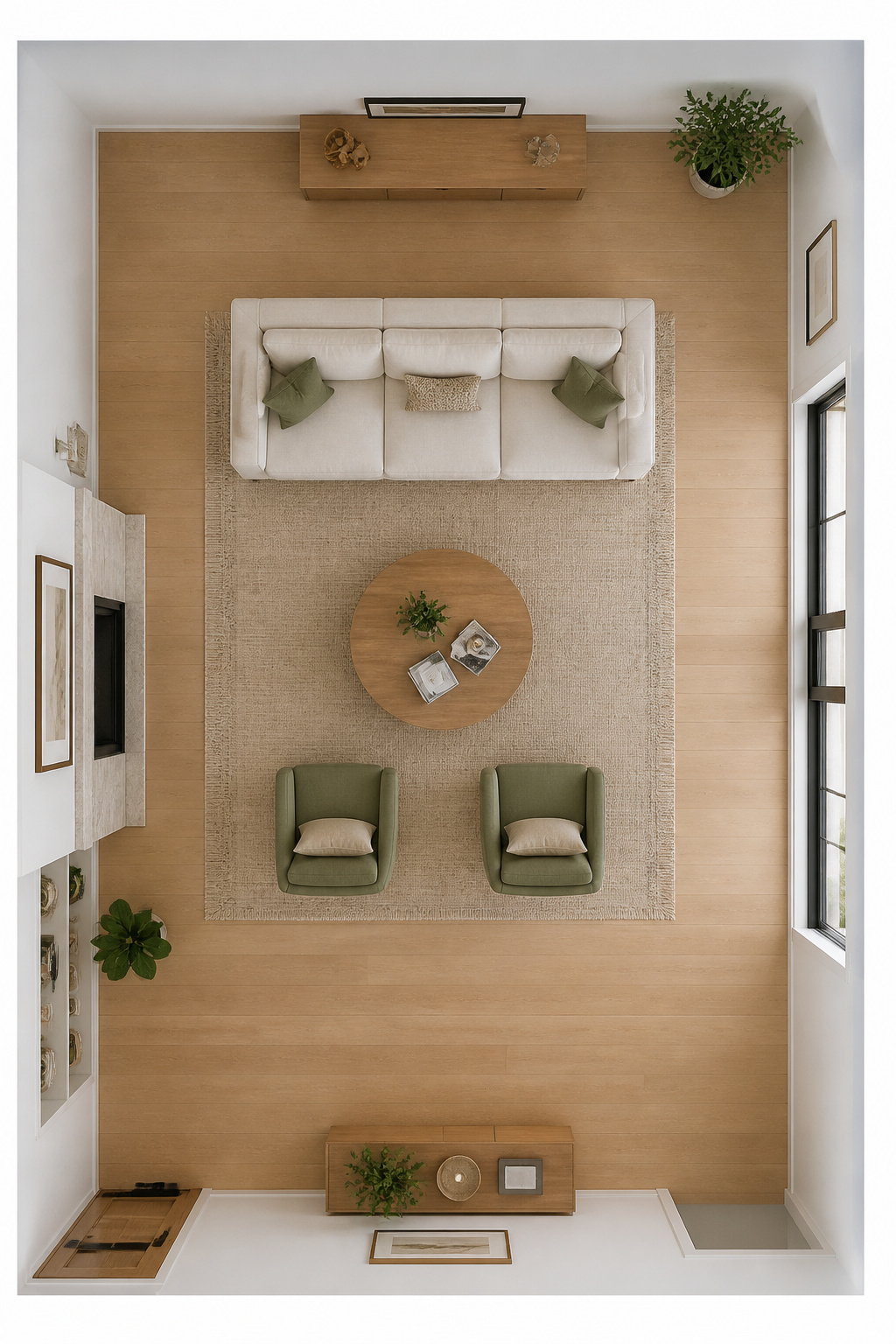 A floating sofa arrangement viewed from above — the 18-inch gap from the wall creates depth, defines the conversation zone, and improves traffic flow in a single move.