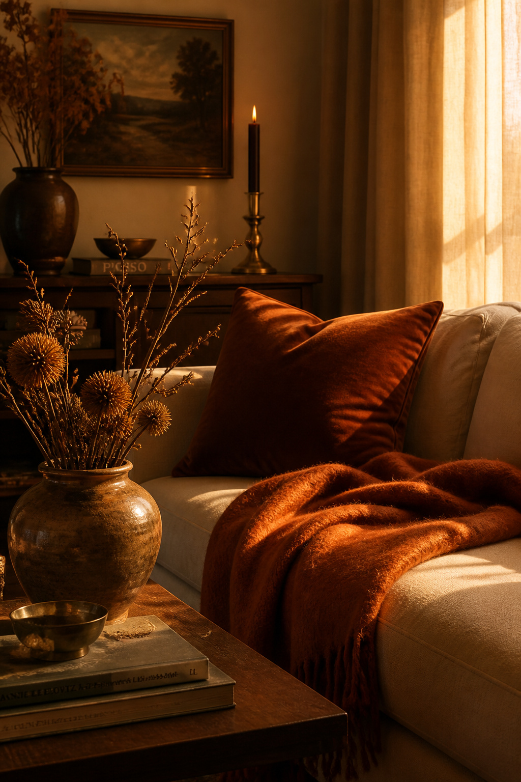 A living room corner refreshed for autumn with cushion covers, throws, and botanicals — the structural elements unchanged, the room's emotional temperature shifted entirely through accent swaps.