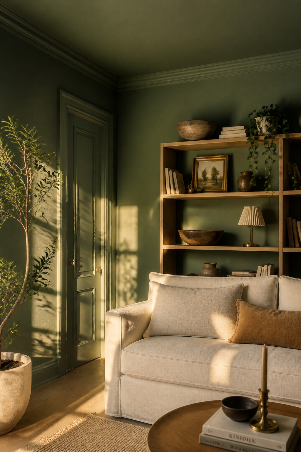 A colour-drenched living room in deep sage, walls to ceiling — where applying one tone everywhere creates a cocoon-like depth that individual wall colour alone never achieves.