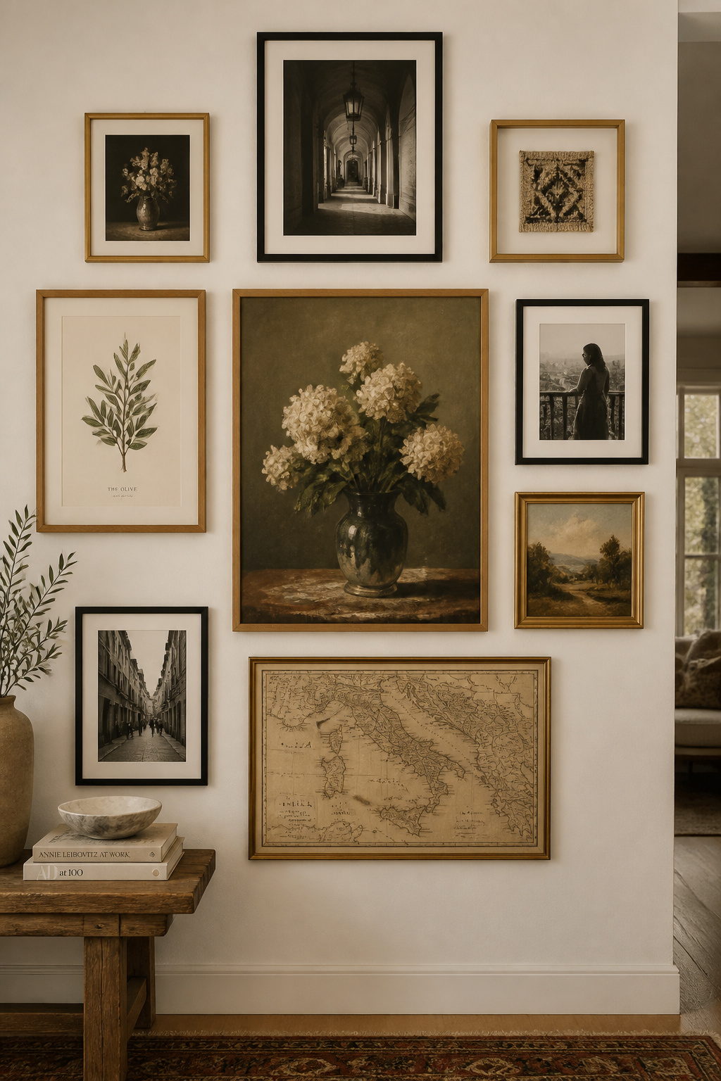 A salon-style gallery wall built on a three-frame-finish rule — black, natural oak, antique brass — bringing together art, photography, and textile in a composition that reads as collected, not curated.