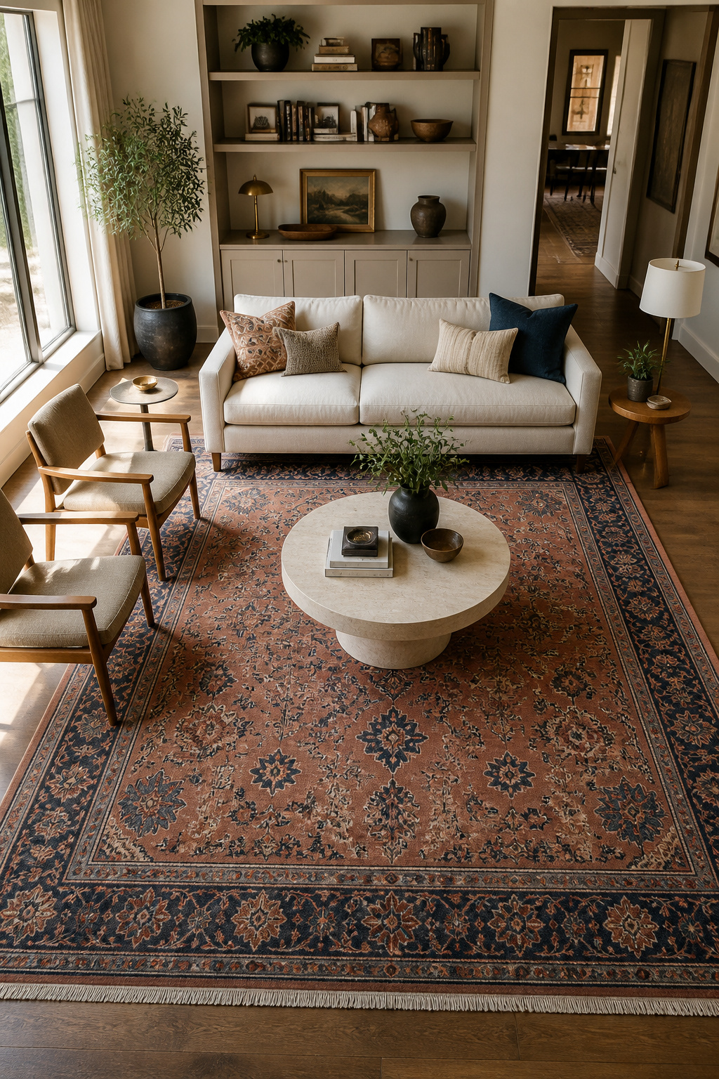 A 9x12 statement rug anchoring a living room seating zone — front legs on, conversation zone defined, room pulled together in one decision.