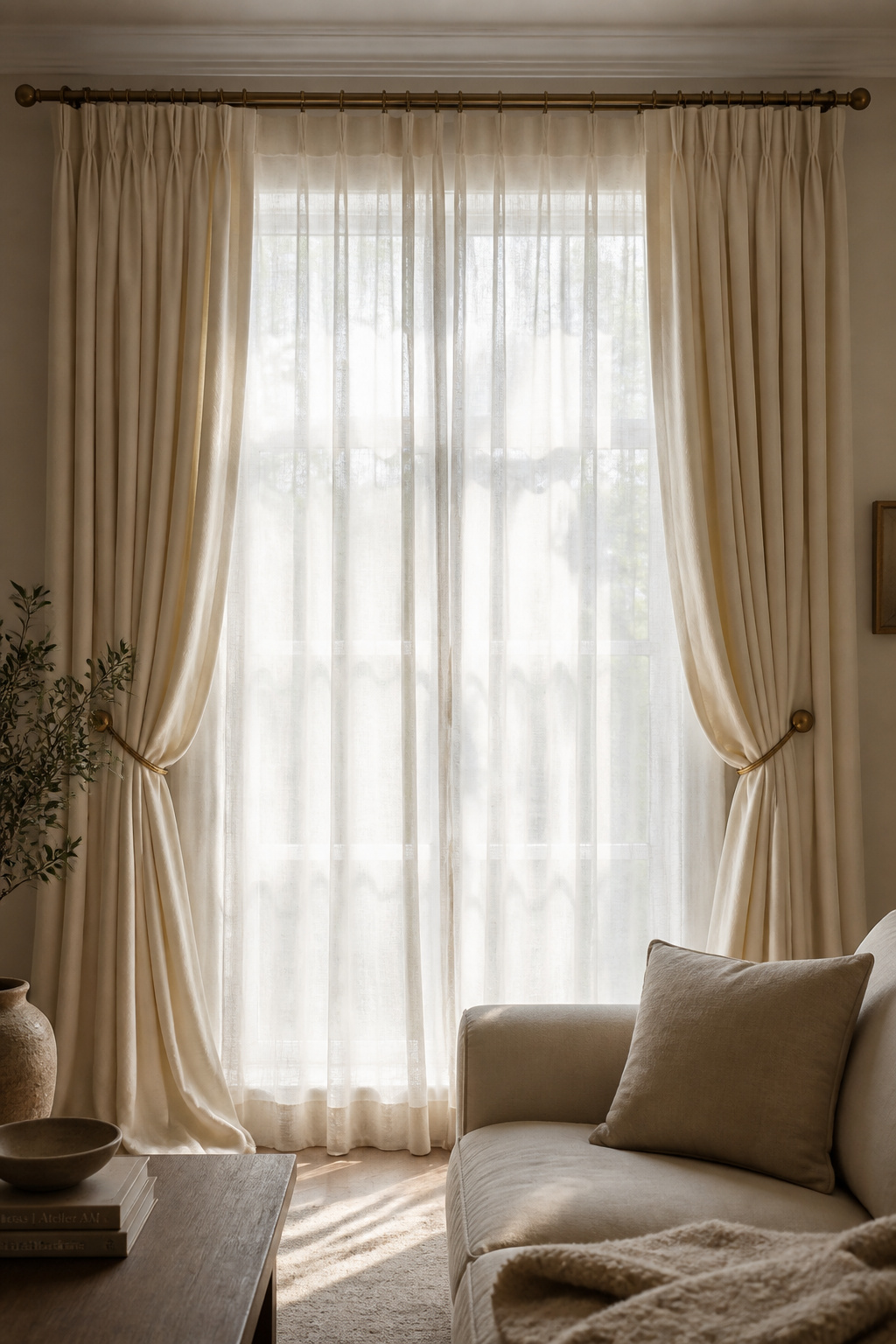 A double-layered window treatment with sheers and linen drapes, rod hung just below crown moulding — extending the window height visually and giving full control over light and privacy throughout the day.