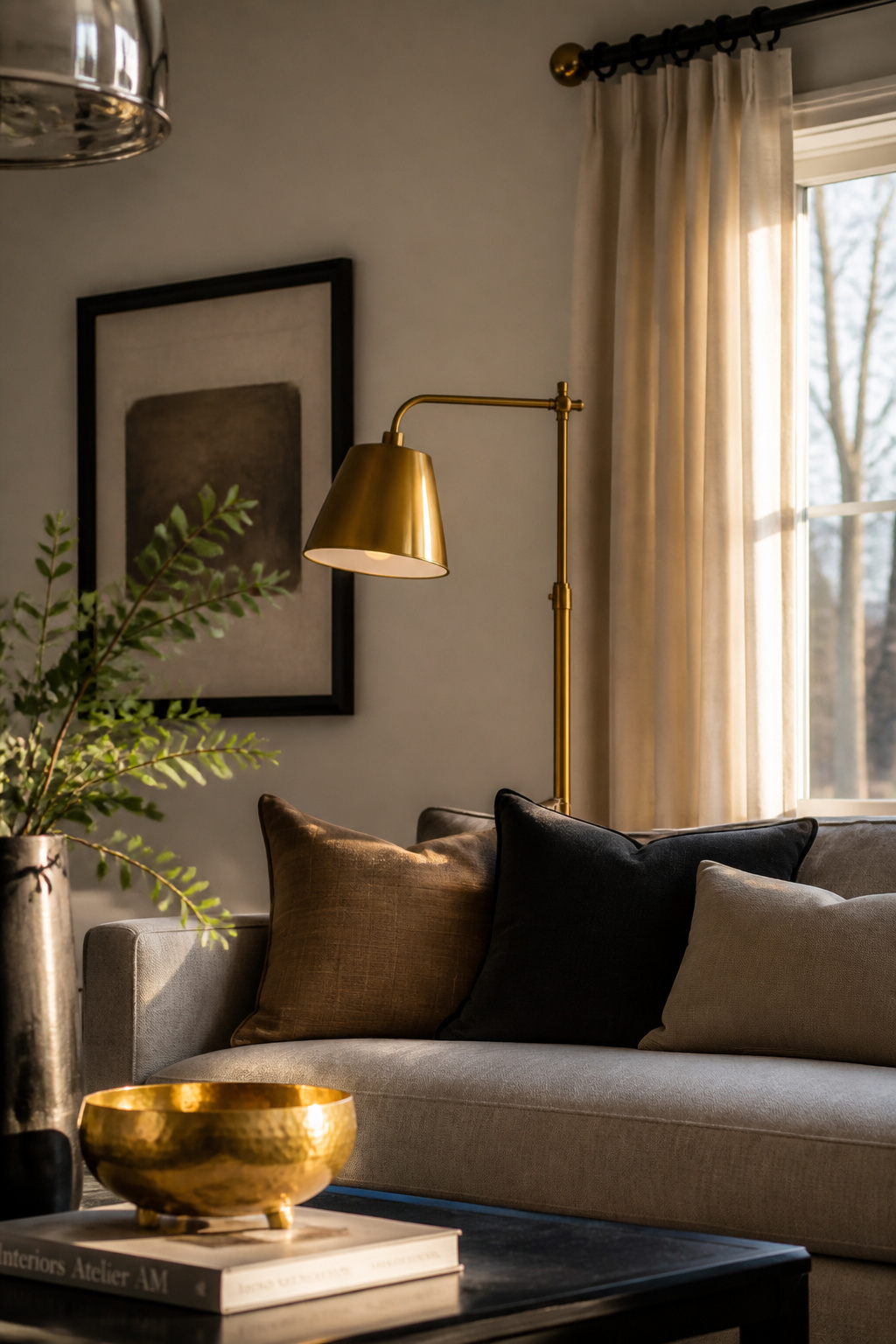 A deliberate mixed-metal living room featuring brass, matte black, and polished nickel — each finish repeated twice, warming the room through intentional contrast.