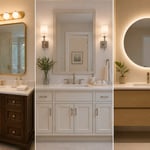 Three approaches to bathroom vanity lighting in one image — Hollywood strip, flanking sconces, and LED backlit mirror — covering the classic, the timeless, and the minimal.