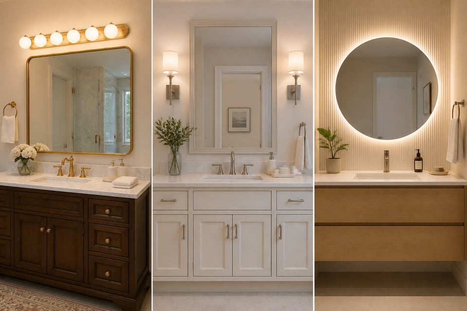 Three approaches to bathroom vanity lighting in one image — Hollywood strip, flanking sconces, and LED backlit mirror — covering the classic, the timeless, and the minimal.
