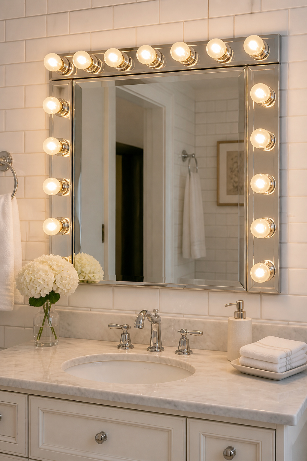 A Hollywood-style round globe bulb strip frames a bevelled bathroom mirror, delivering the even face illumination that has made this format the gold standard since the 1920s.