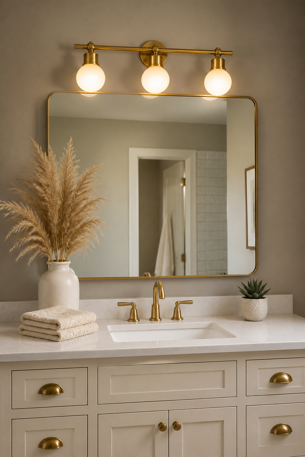 A 3-light unlacquered brass globe bar sits above a cream transitional vanity, bringing the warm patina finish that has largely displaced chrome in aspirational bathroom design.