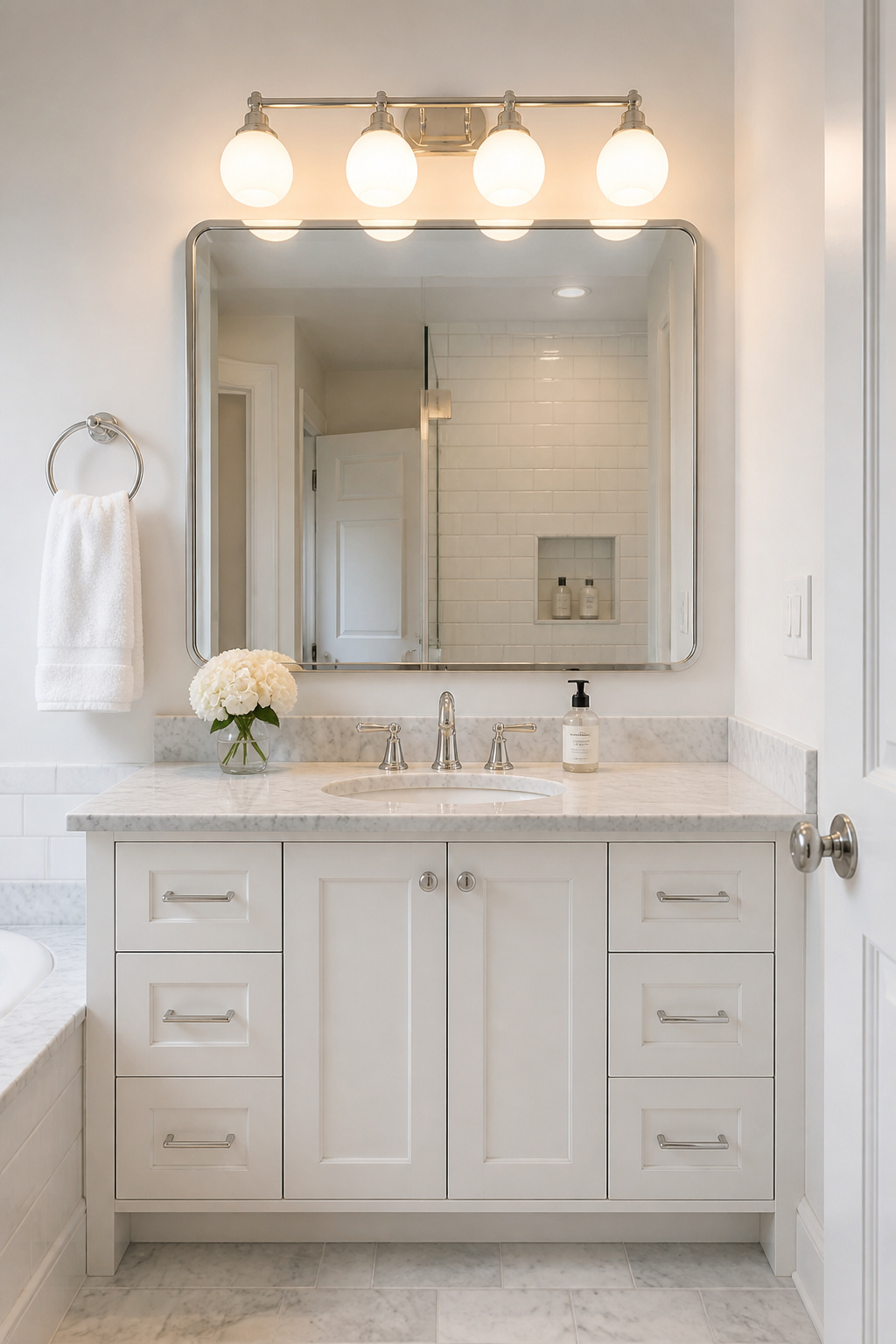 A polished nickel 4-light globe vanity bar above white Carrara marble — bathroom vanity lighting that references nothing currently fashionable and will outlast most of what does.
