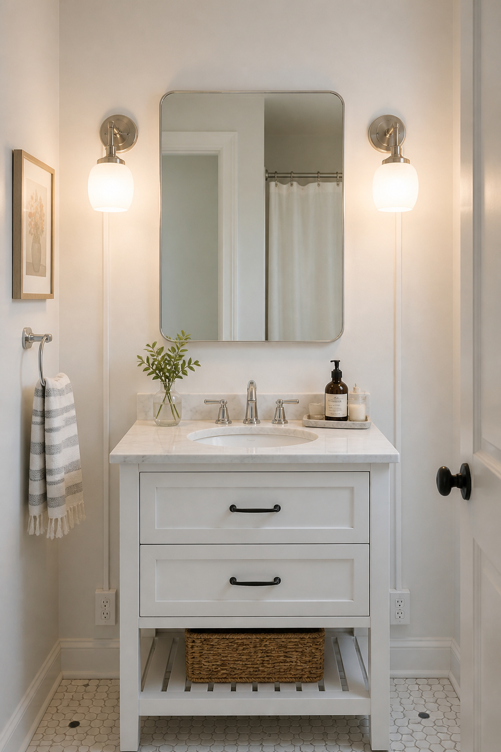 Two plug-in brushed nickel schoolhouse sconces with painted cord covers beside a bathroom mirror — the renter-friendly bathroom light fixture that looks hardwired when done correctly.