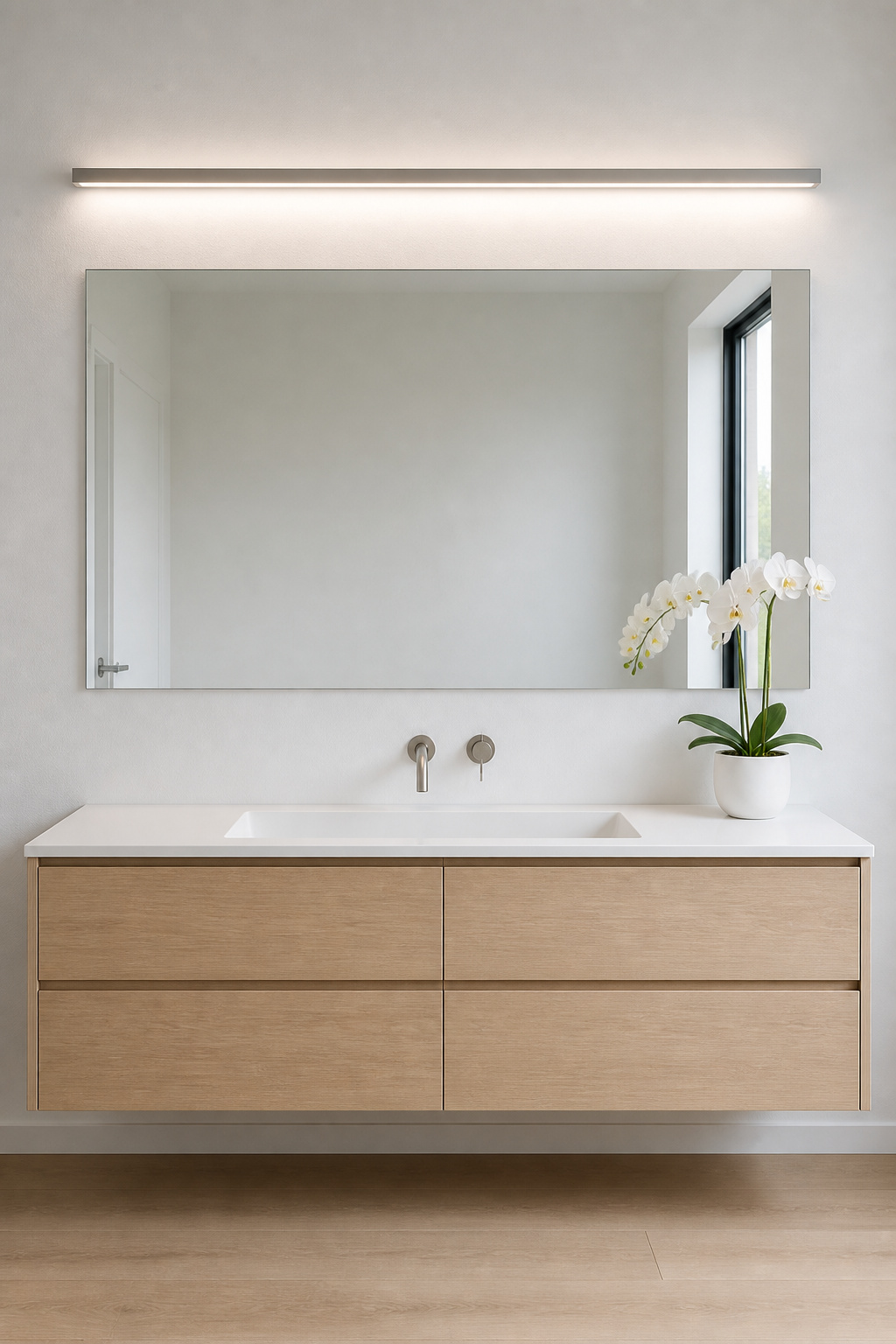 A slim brushed nickel linear LED bar above a frameless mirror keeps the bathroom vanity area visually uncluttered — one continuous line of light, no sockets or arms.
