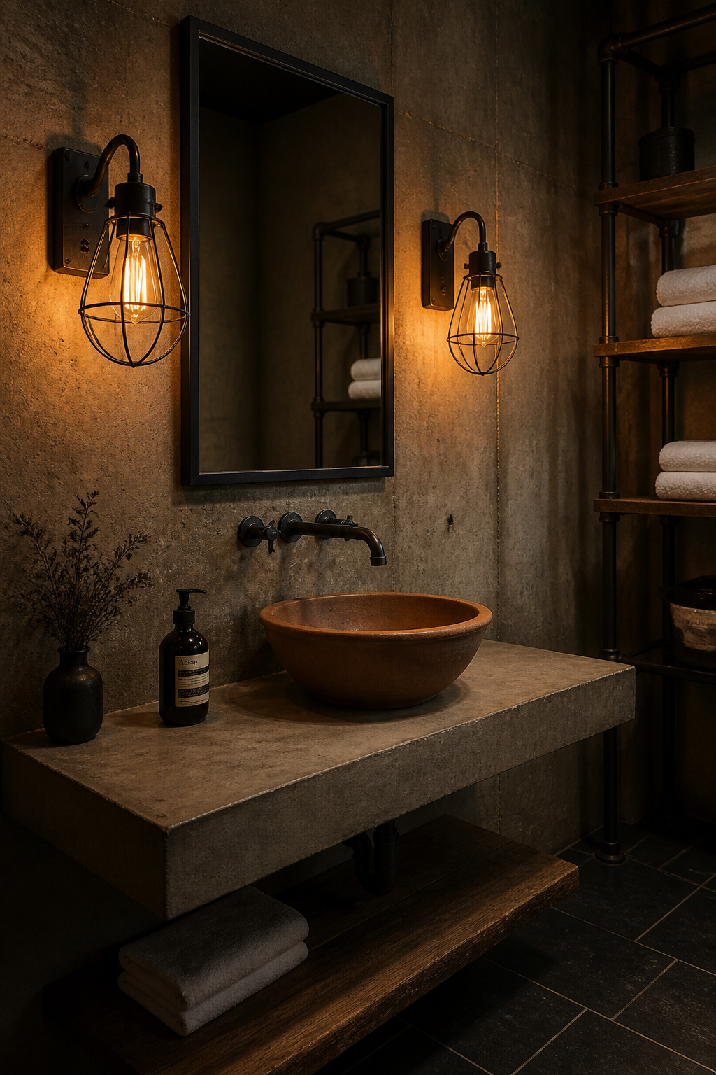 Wire cage sconces with amber LED filament bulbs bring an honest industrial character to a concrete bathroom, with warm 2200K glow that suits the aesthetic perfectly.