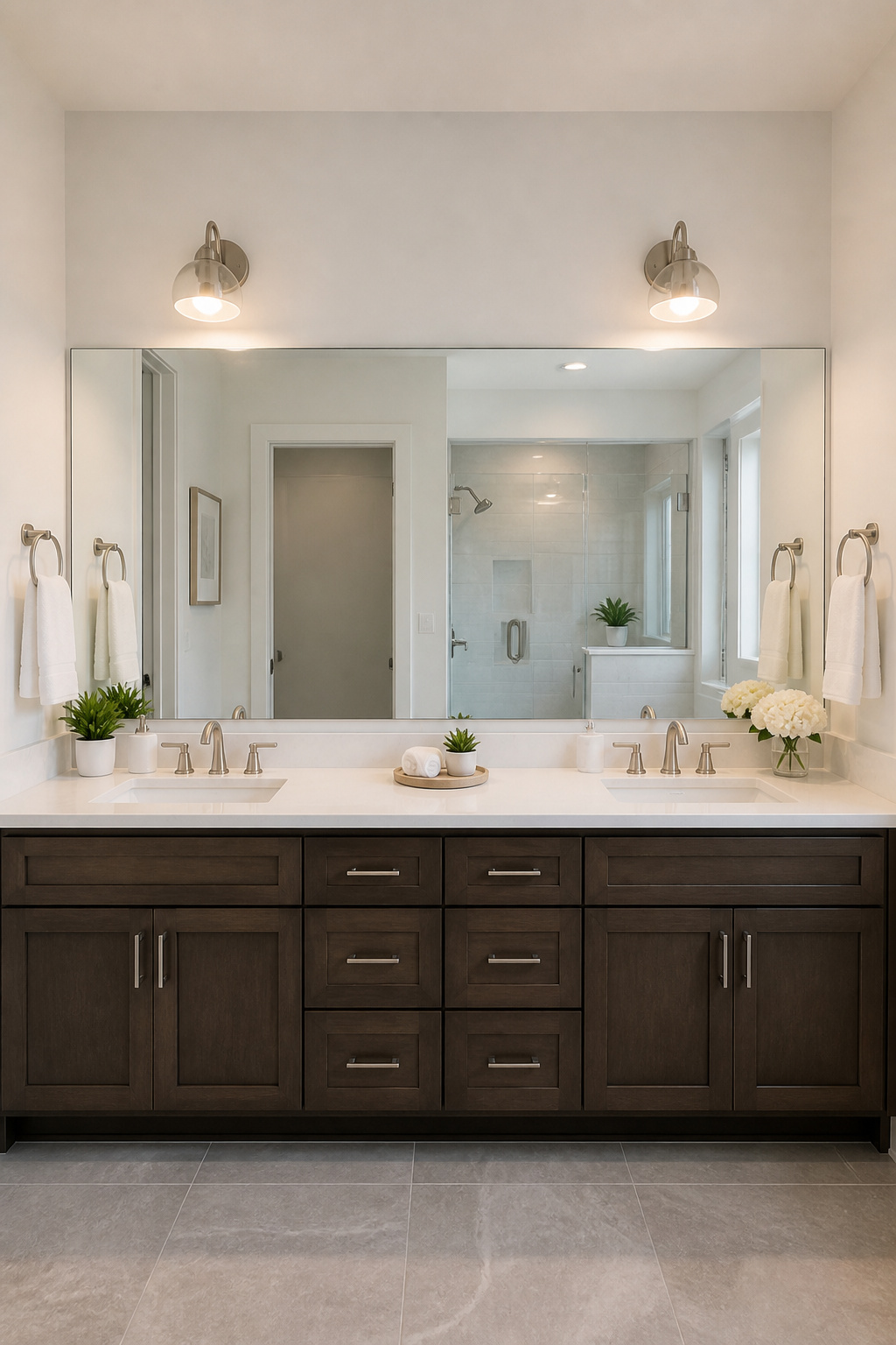Two independent sconces above each sink in a his-and-hers double vanity allow separately controlled brightness — the arrangement that removes the daily lighting negotiation.