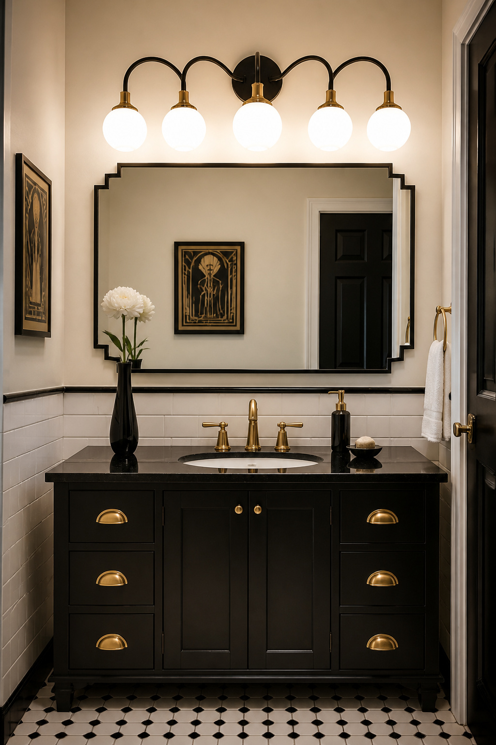 A 5-light matte black and gold globe cluster above a black vanity turns bathroom vanity lighting into a deliberate design focal point, referencing 1930s Art Deco with a contemporary palette.