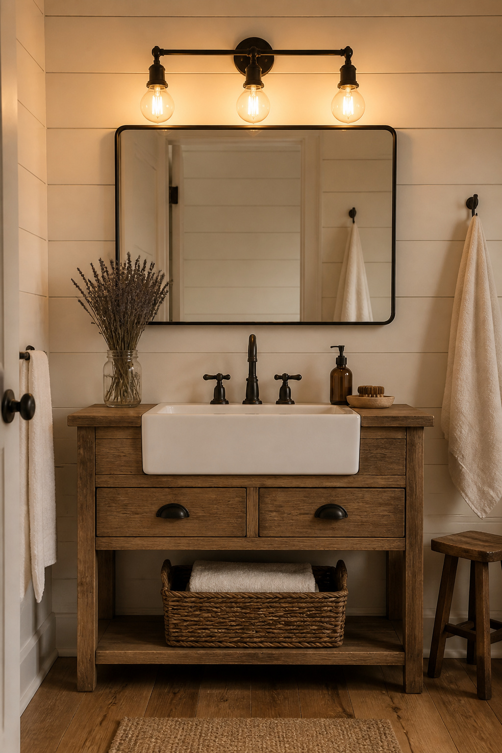 A 3-light wrought iron vanity bar in oil-rubbed bronze sits above a farmhouse apron sink — the dark iron fixture anchors the white shiplap and natural wood materials around it.