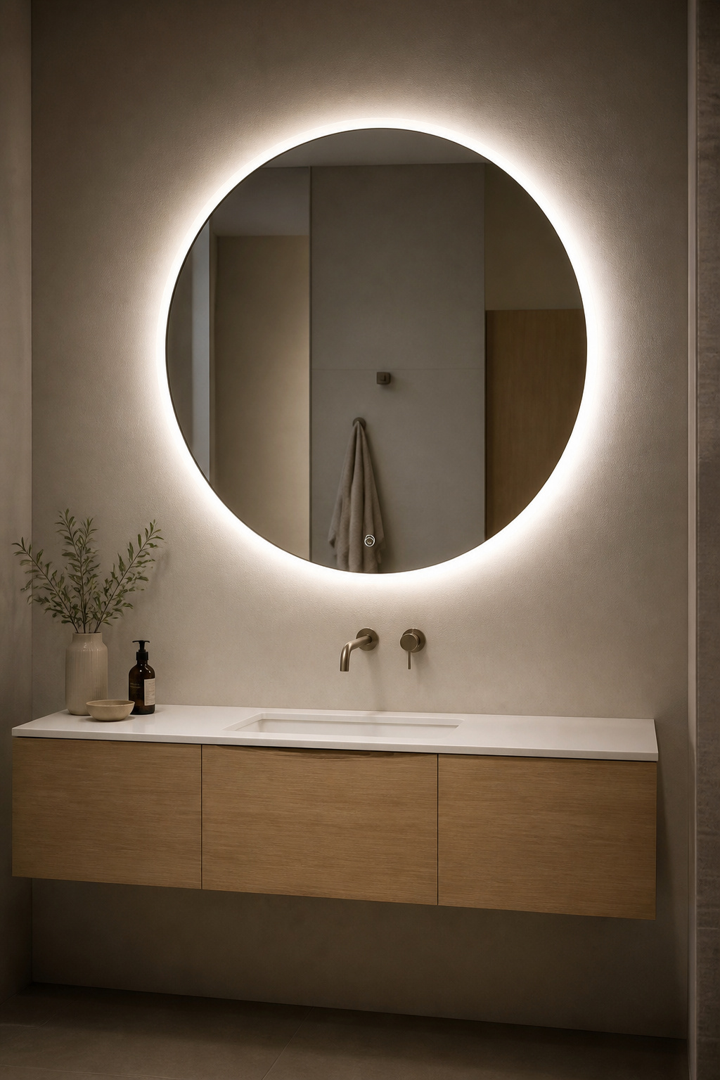 A round LED backlit mirror creates an elegant halo of light above a floating oak vanity — combining the mirror and the light fixture into a single spa-like element.