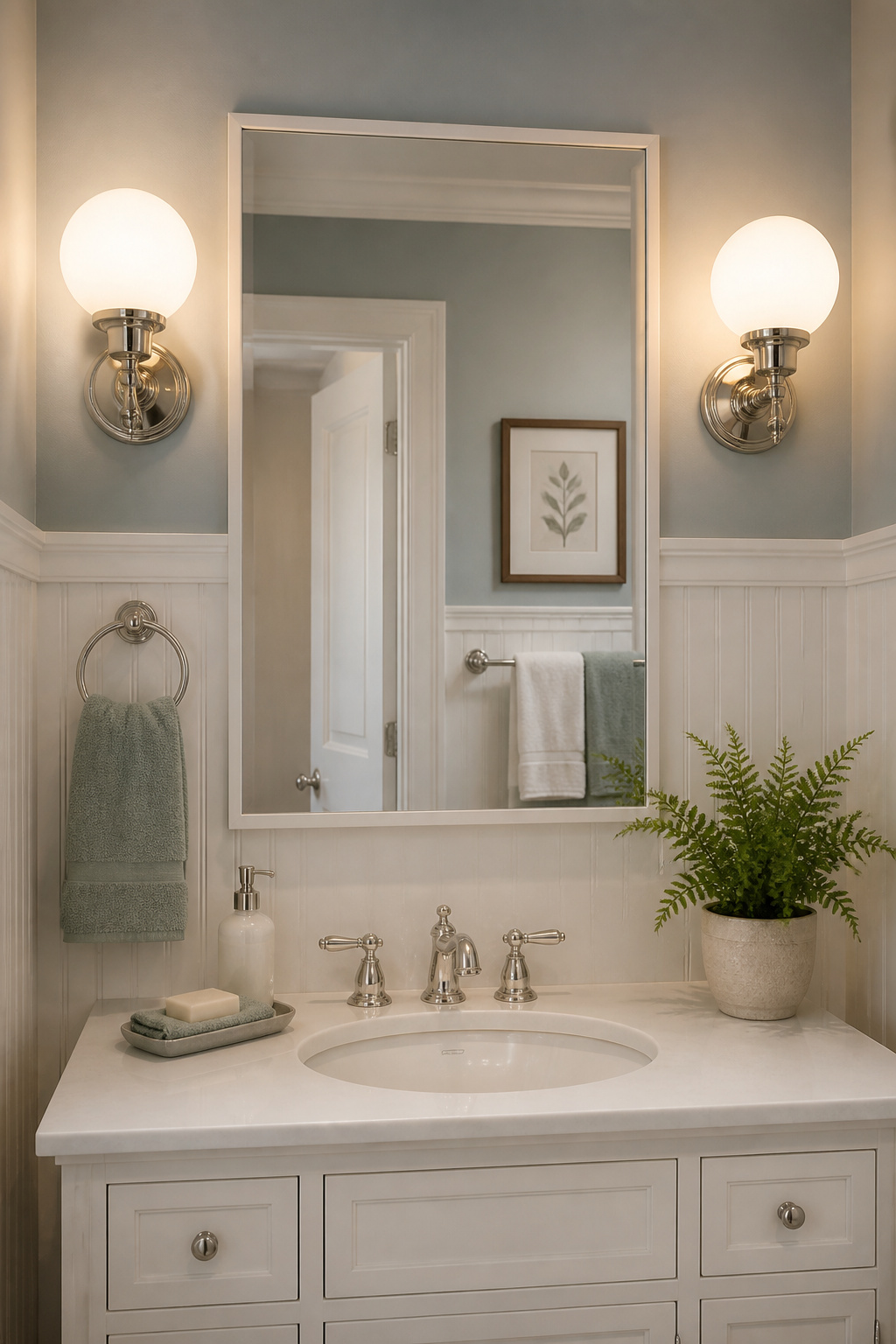 Frosted schoolhouse globe sconces on either side of a bathroom mirror provide the softest, most flattering bathroom vanity light — the format that forgives everything.
