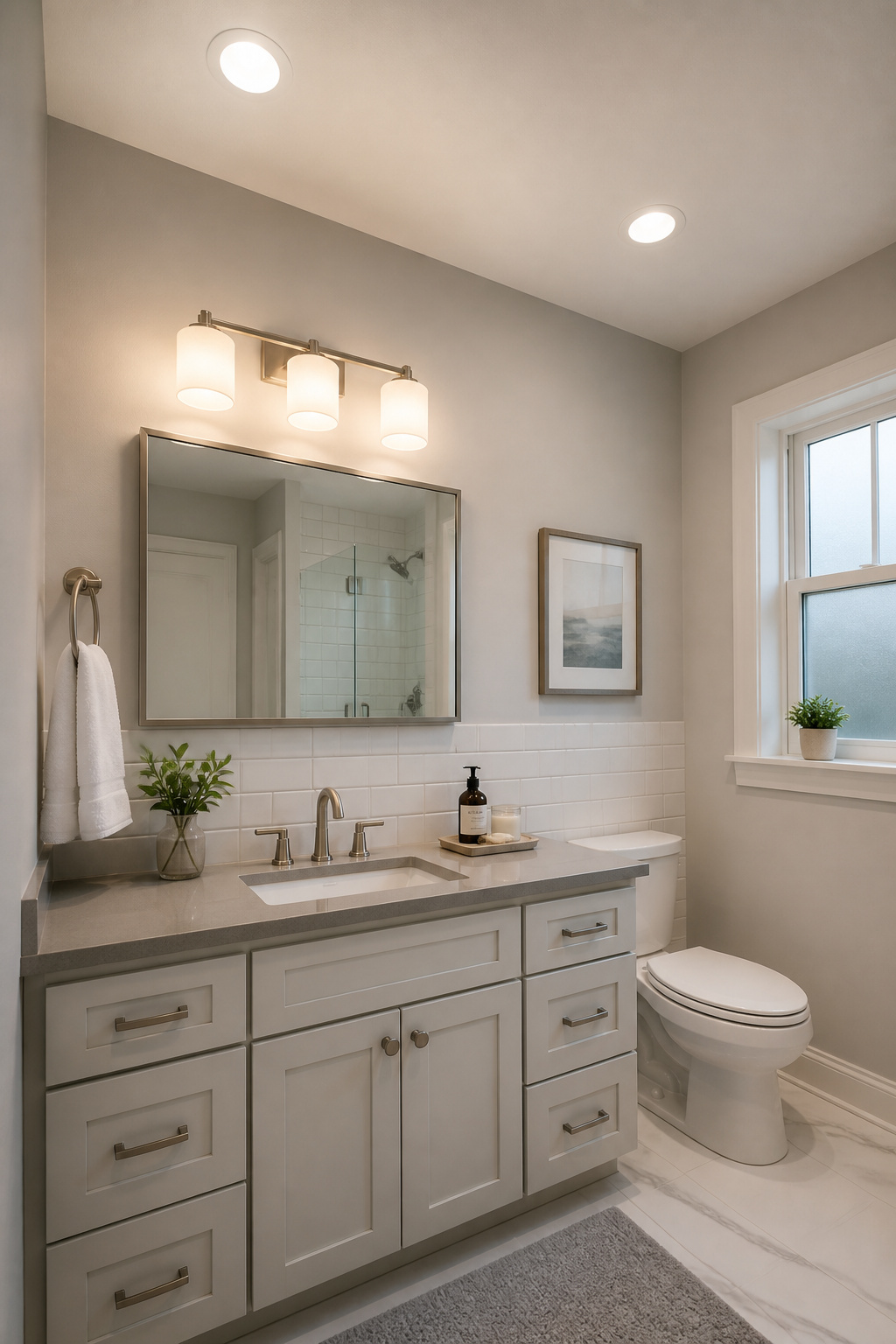 The layered approach — a dedicated vanity bar at mirror level plus recessed ceiling downlights on a separate dimmer — eliminates shadows while providing flexible ambient control.
