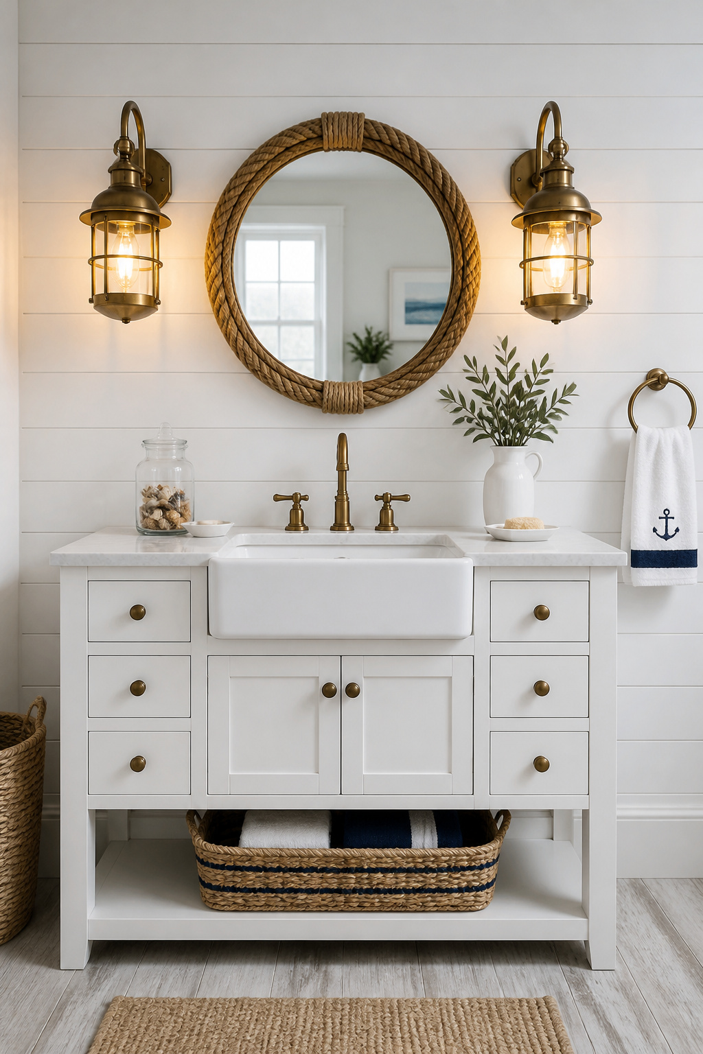 Aged brass nautical lantern sconces bring the maritime tradition to a coastal bathroom without a single rope or anchor motif — restraint is the defining design move here.