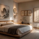 A serene minimalist bedroom combining Japanese-influenced art forms — ink wash landscape, ceramic wall discs, and bamboo-framed botanicals — in a palette of natural linen, pale ash, and muted ivory.