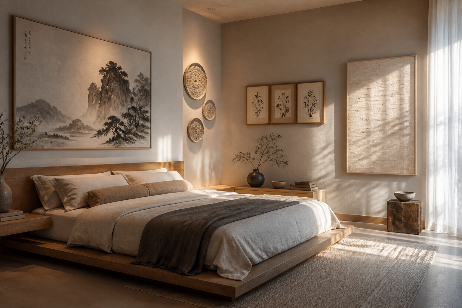 A serene minimalist bedroom combining Japanese-influenced art forms — ink wash landscape, ceramic wall discs, and bamboo-framed botanicals — in a palette of natural linen, pale ash, and muted ivory.