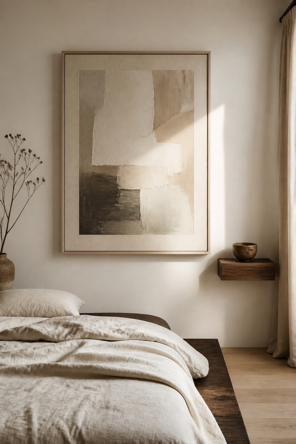 A wabi-sabi abstract print in layered earth tones mounted in a natural linen mat, the raking light revealing the textured brushwork that distinguishes considered abstract art from a flat graphic print.