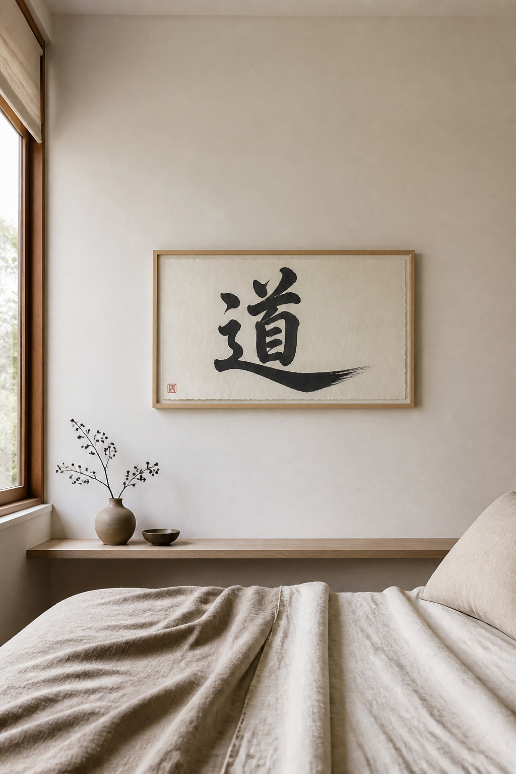 A single kanji character in Gyosho semi-cursive brushwork on washi paper — each stroke carrying the full presence of the calligrapher's breath and intention, mounted as meditative bedroom wall art.