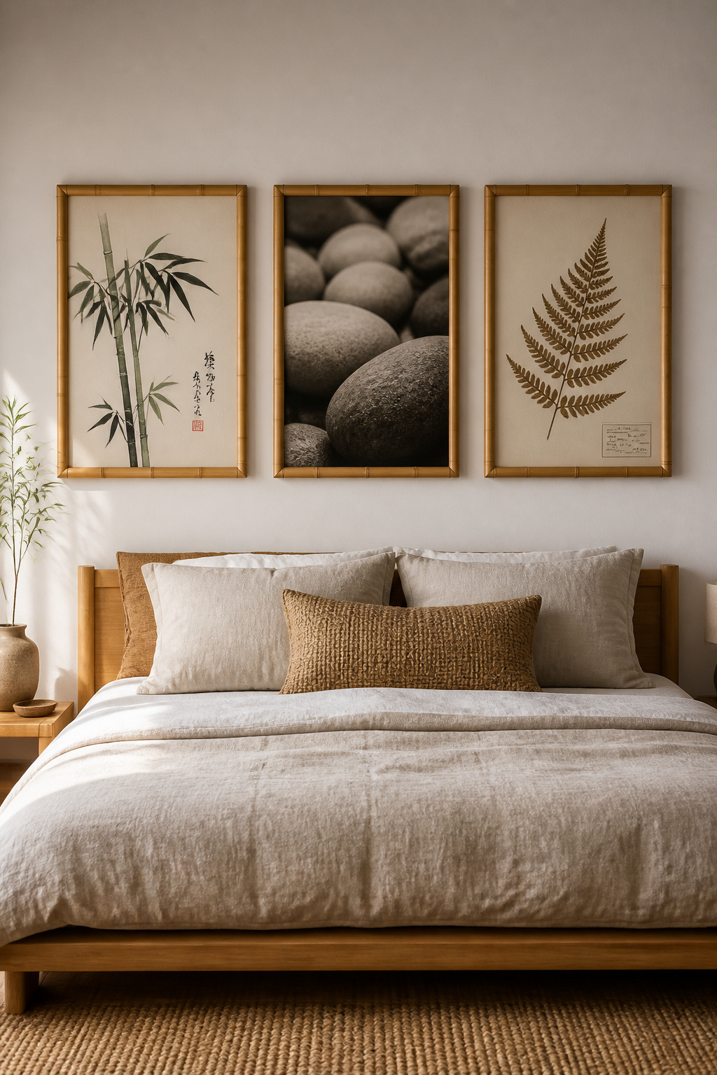 Three prints in matching natural bamboo frames — a Japanese woodblock branch, a river stone photograph, and a botanical illustration — a cohesive nature series in the same muted palette for any budget.