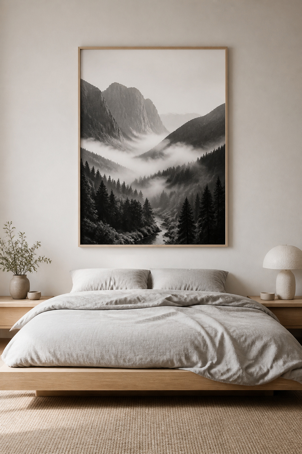 A large black-and-white landscape photograph on Hahnemühle Photo Rag 308 cotton paper — the full tonal range from near-black foreground to pale fog creates atmospheric depth as simple bedroom art.
