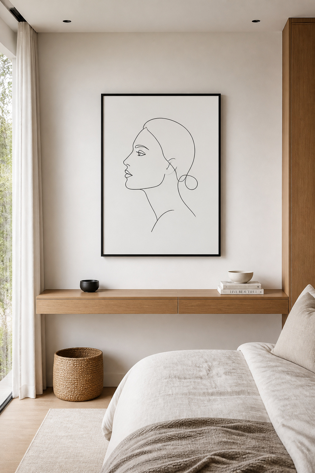 A continuous-line portrait in black ink on white paper in a matte black frame — the unbroken single stroke creates an intimate, humanizing presence on a minimalist bedroom wall.