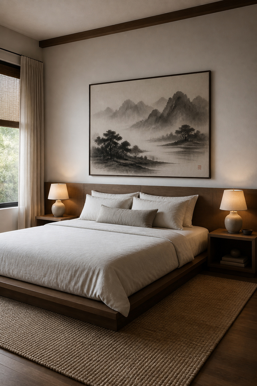 One oversized ink wash landscape print above a queen platform bed, scaled to 70% of the bed width — the single architectural anchor that makes the whole bedroom feel designed rather than decorated.