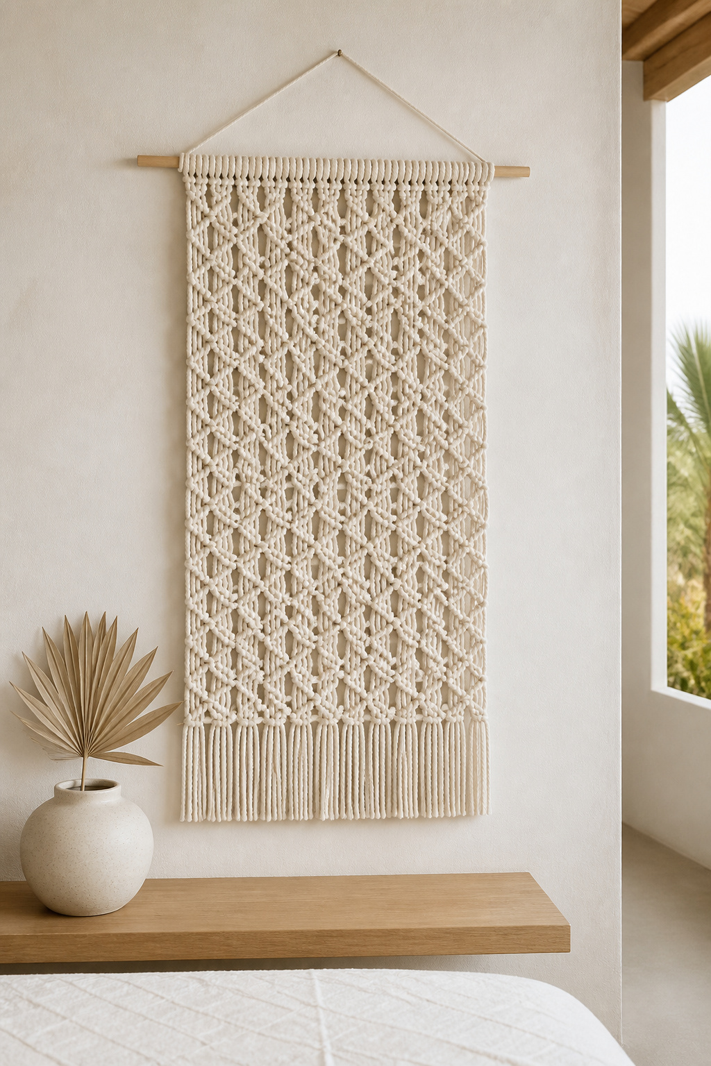 A natural cotton macramé panel in a geometric half-hitch pattern on a wooden dowel — restrained, monochrome, and dimensionally interesting as bedroom wall art for any budget.