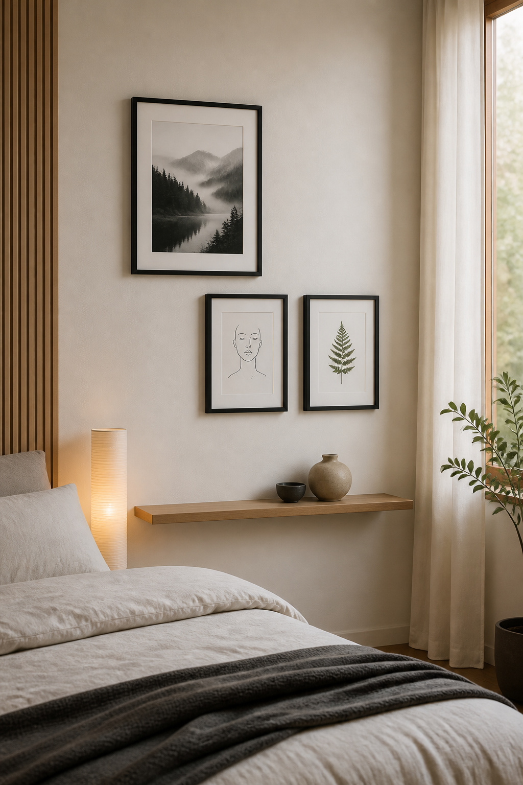 A three-frame micro gallery in matte black — landscape photograph, continuous-line portrait, and pressed fern — arranged in a slight triangular formation with 4-5cm spacing that keeps the grouping cohesive.