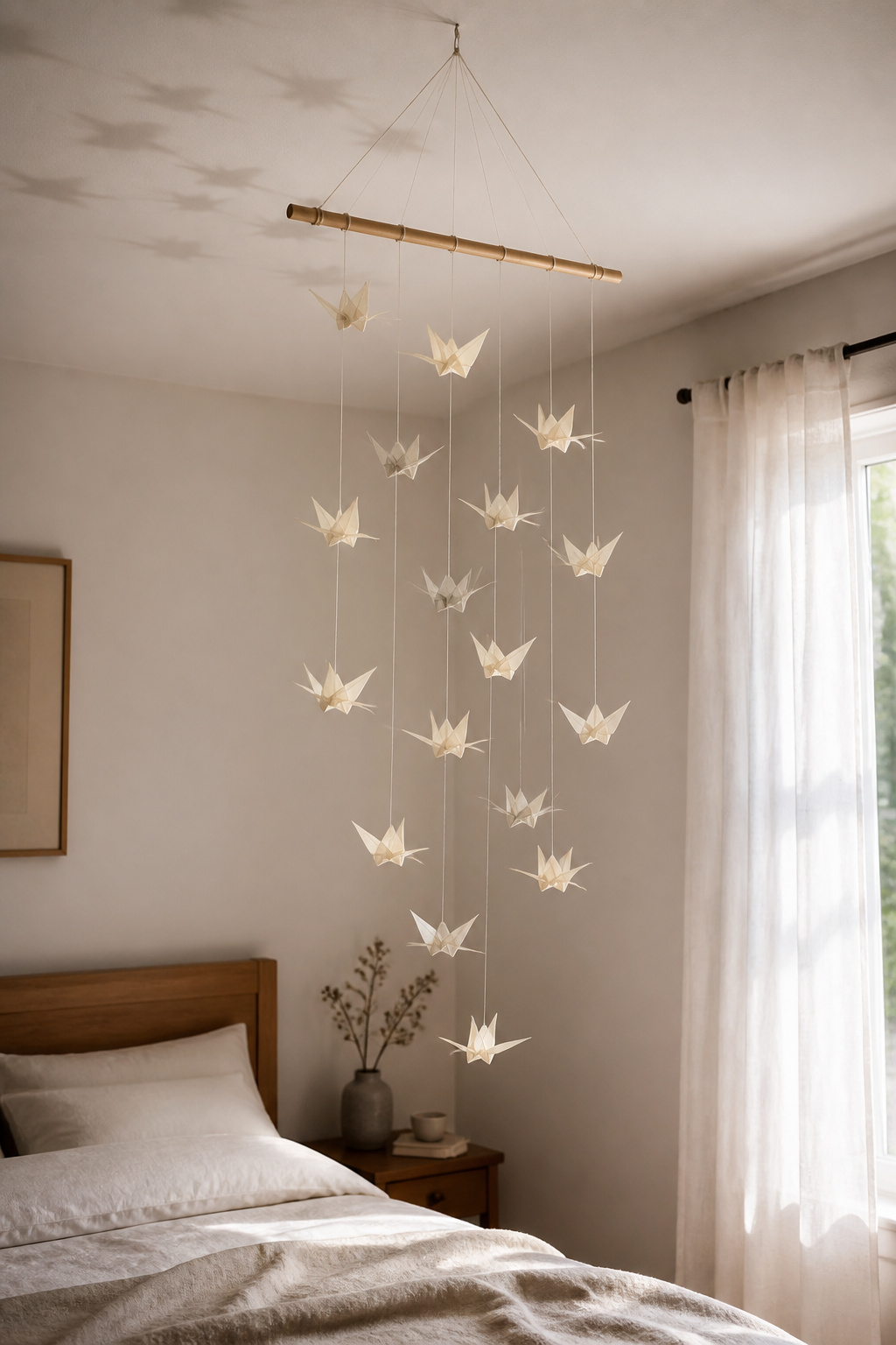 Eighteen washi paper origami cranes on a bamboo dowel mobile, their translucent ivory forms glowing in the morning light and casting gentle shadow patterns — bedroom art that moves with the room's breath.