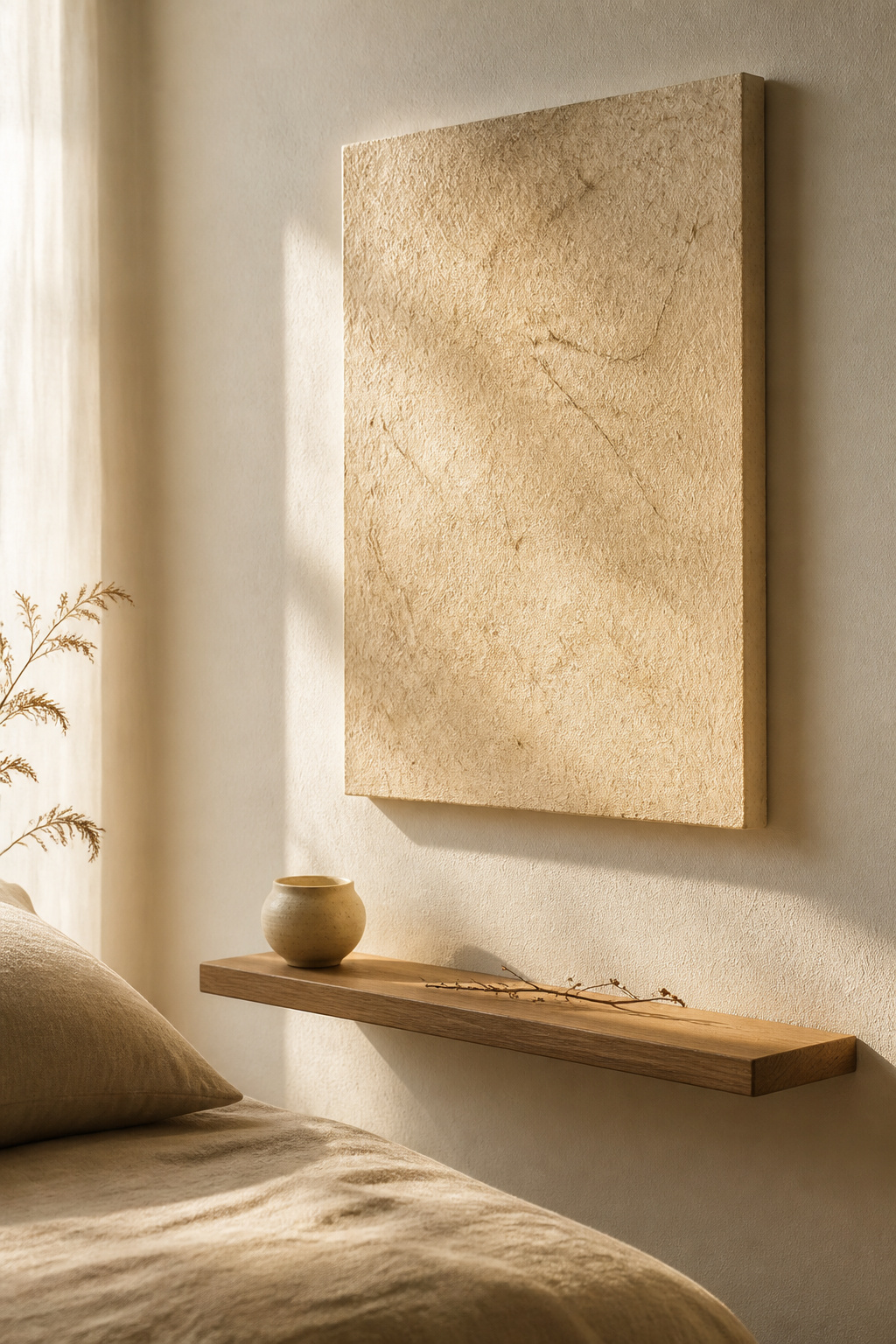 A natural ivory washi paper panel on canvas stretcher bars, its kozo plant fibres glowing softly in morning raking light — texture as the entire content of the art.