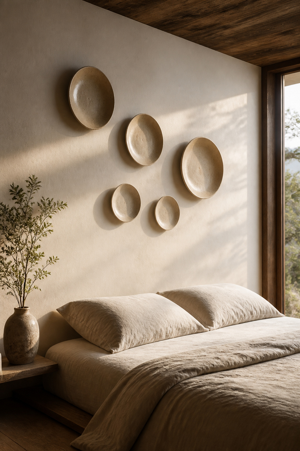 Five hand-thrown ceramic wall discs in matte ivory and stone glaze, their asymmetric constellation catching morning raking light to create shifting shadow patterns across the bedroom wall throughout the day.