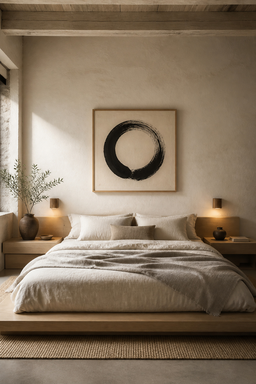 A hand-painted ensō circle in sumi ink on washi paper, mounted in a thin raw ash frame above a platform bed — the purest expression of Japanese minimalist bedroom art.