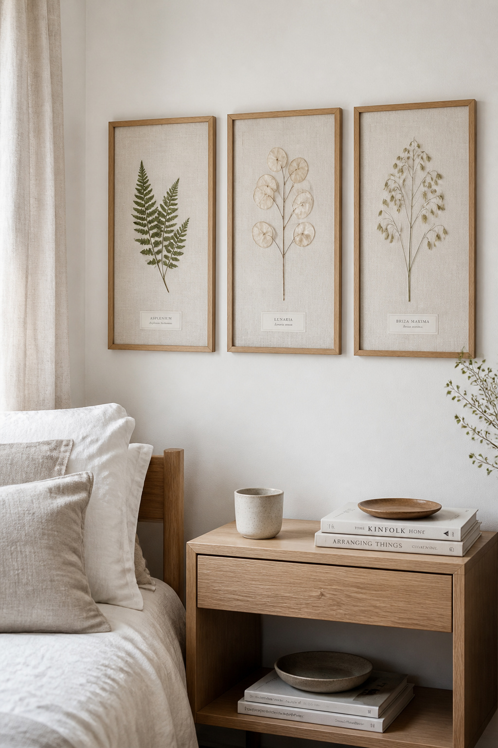 Three pressed botanical specimens — Asplenium fern, lunaria pods, and Briza maxima grass — in thin ash frames with linen mats, arranged above a minimal bedside table.